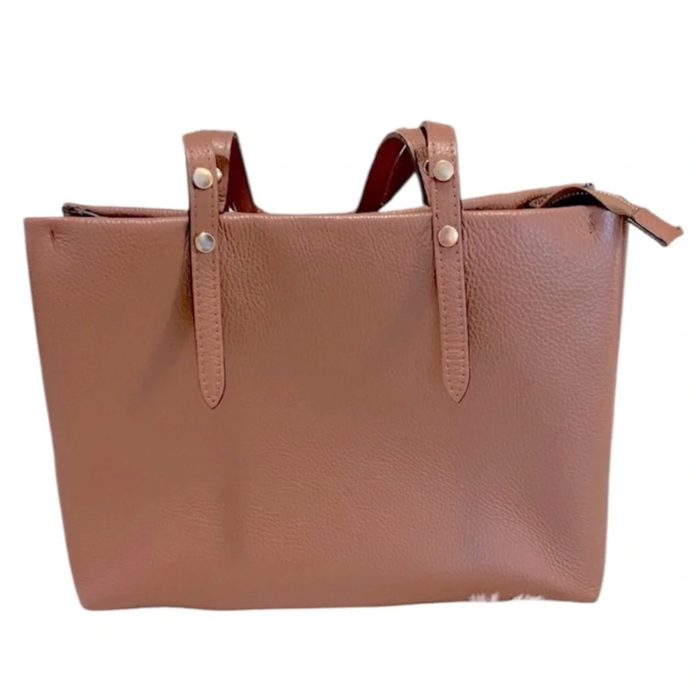 Vera Pelle Tan Brown Pebbled Leather Neutral Two Handle Tote Laptop Bag Purse